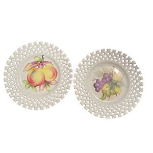 Vintage Celeste 8 inch Reticulated Milk Glass 2 Plates Fruit Design Lattice Edge
